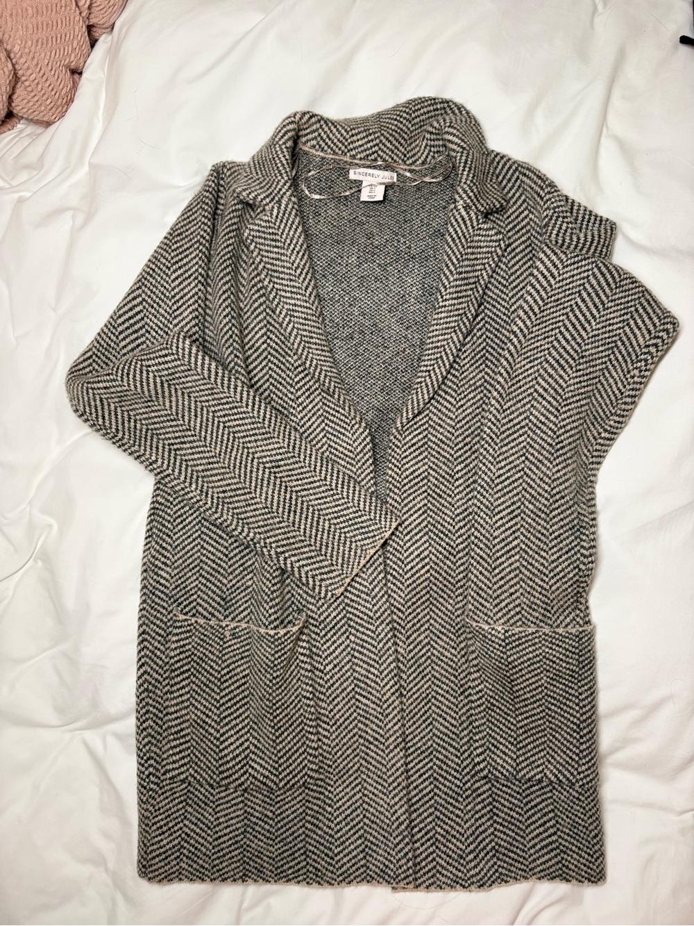 Sincerly Jules Gray Herringbone Open-Front long coat